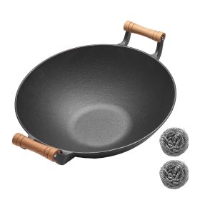 WANGYUANJI Large Cast Iron Wok 14.2", Classic Dual Handles Frying Pan, Large-capacity Commercial Household, Wooden Handles, For All Stove WANGYUANJI Large Cast Iron Wok 14.2", Classic Dual Handles Frying Pan, Large-capacity Commercial Household, Wooden Handles, For All Stove